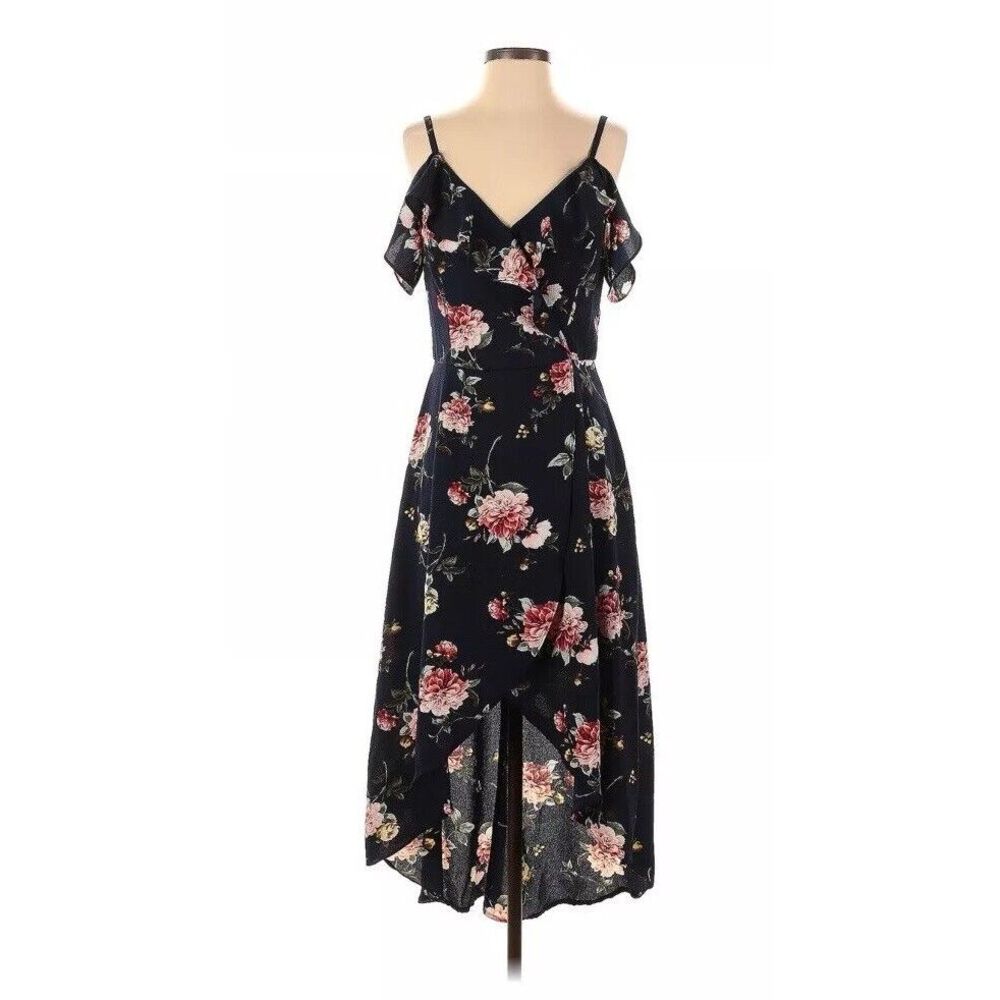 By‎ & By Dress Womens Size 9 Navy Blue Floral Flowy Fairy Boho Dark Cottagecore